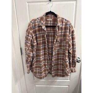 We The Free Free People Tan Blue Plaid Frayed Hem Oversized Flannel Shirt XS